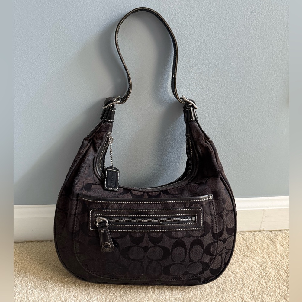 Authentic Coach Signature Jacquard Small Hobo Shoulder Bag Leather H2K-6045